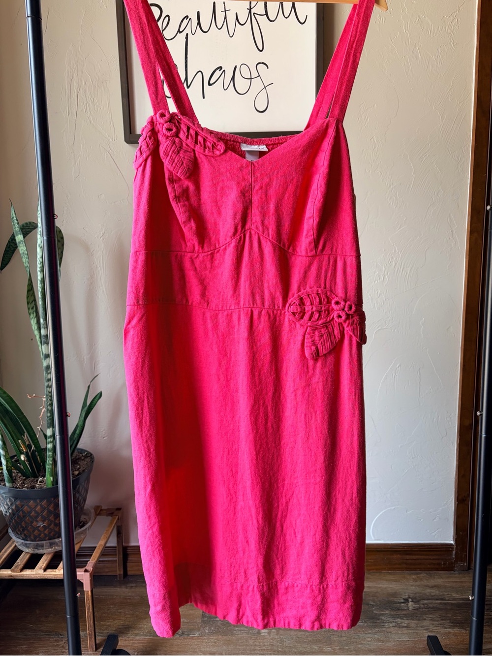 Ava & Viv Pink Linen Rayon Woven Square Neck Button Bow Midi Shift Dress 1X